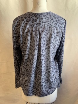 Womens, Blouse, JOIE, Gray, Black, Polyester, Animal Print, L, V-neck, Center Front Seam, Inverted Pleat at Back Neck, Long Sleeves, Inverted Pleated Cuff
