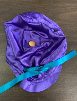 Unisex, Accessory, N/L, Purple, Polyester, Solid, Jockey Hat, Goes With Matching Jockey Jacket (CF070141), Satin, Turquoise Drawstring Ties, Yellow Satin Button At Crown