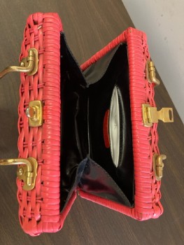 JANA, Pink, Plastic, Solid, Basket Weave, Hinged Box, Nice Heavy Brass Hardware/Handles/Clasp, Red Vinyl Hinge Covers, Gold Feet