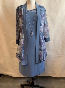 Womens, Dress, Piece 1, R&M RICHARDS, Blue-Gray, Dusty Purple, Multi-color, Polyester, Spandex, Floral, 12, JACKET, Shawl Lapel, Open Front, Dark Blue and White Details
