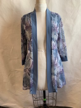 Womens, Dress, Piece 1, R&M RICHARDS, Blue-Gray, Dusty Purple, Multi-color, Polyester, Spandex, Floral, 12, JACKET, Shawl Lapel, Open Front, Dark Blue and White Details