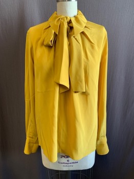 Womens, Blouse, TRINA TURK, Mustard Yellow, Silk, S, Pullover, C.A., Button at Neck, Key Hole Front, Neck Removable Neck Tie, L/S