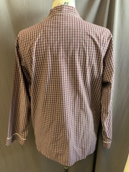 Mens, Sleepwear PJ Top, STAFFORD, Red Burgundy, Gray, White, Black, Poly/Cotton, Plaid, L, Collar Attached, Button Front, Long Sleeves, 1 Chest Pocket, White Piping