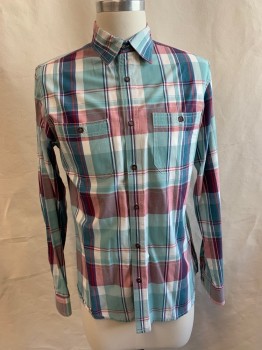 Mens, Casual Shirt, LEE, Red, Sea Foam Green, Purple, Navy Blue, White, Cotton, Plaid, S, Collar Attached, Button Front, Long Sleeves, 2 Pockets
