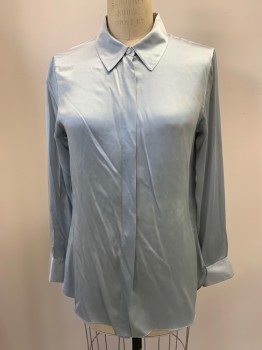 THEORY, Ice Blue, Silk, Solid, L/S with Button Cuffs, C.A., Hidden Button Placket Front With Snap Between Button 3 & 4, Has Some Light Yellow Stains And Scuffs On Left Front Panel