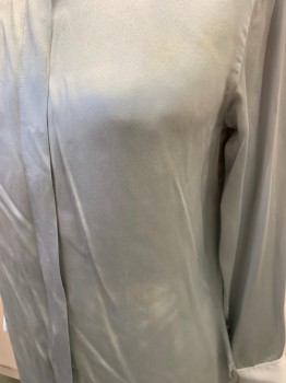Womens, Blouse, THEORY, Ice Blue, Silk, Solid, M, L/S with Button Cuffs, C.A., Hidden Button Placket Front With Snap Between Button 3 & 4, Has Some Light Yellow Stains And Scuffs On Left Front Panel