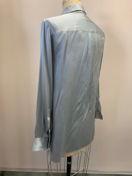 THEORY, Ice Blue, Silk, Solid, L/S with Button Cuffs, C.A., Hidden Button Placket Front With Snap Between Button 3 & 4, Has Some Light Yellow Stains And Scuffs On Left Front Panel