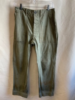 Mens, Casual Pants, GENERAL PURPOSE SUPP, Olive Green, Cotton, Stripes, 32, 32, Button Fly,  2 Front Patch Pockets, Belt Loops, Distressed, Waist Altered, 2 Pockets with Pocket Flap, Metal Buttons, Adjustable Waist In Back,