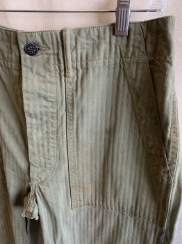 GENERAL PURPOSE SUPP, Olive Green, Cotton, Stripes, Button Fly,  2 Front Patch Pockets, Belt Loops, Distressed, Waist Altered, 2 Pockets with Pocket Flap, Metal Buttons, Adjustable Waist In Back,