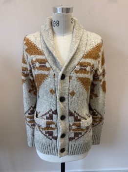 Mens, Cardigan Sweater, SCHOTT BROS , Gray, Lt Brown, Brown, Poly/Cotton, Wool, Abstract , S, Shawl Collar, Single Breasted, B.F., 2 Pckts