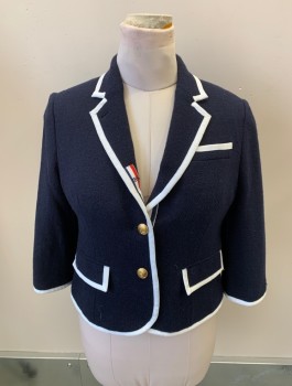 Womens, Blazer, NEIMAN MARCUS, Navy Blue, White, Red, Wool, Color Blocking, L, Single Breasted, 3 Bttns, Notched Lapel, Double Vent, Gold Nautical Buttons, Grosgrain Trim
