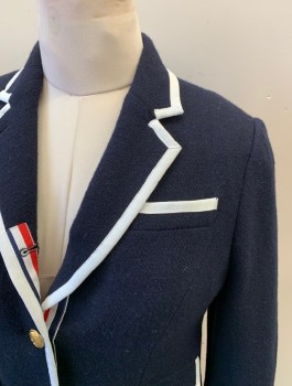 Womens, Blazer, NEIMAN MARCUS, Navy Blue, White, Red, Wool, Color Blocking, L, Single Breasted, 3 Bttns, Notched Lapel, Double Vent, Gold Nautical Buttons, Grosgrain Trim