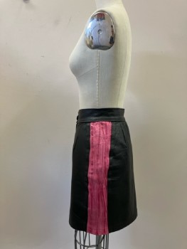 DEMENTIONS, Black Leather Mini, Crinkly Rose Leather Side Stripes, Zip Front, Waistband with Big Button, Front Slit