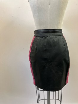 DEMENTIONS, Black Leather Mini, Crinkly Rose Leather Side Stripes, Zip Front, Waistband with Big Button, Front Slit
