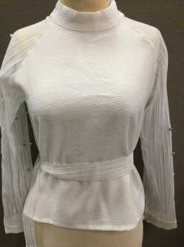 AI NI, White, Silver, Pearl White, Polyester, Solid, Long Sleeves, Pullover, Mock Neck, Raglan Sheer Sleeves W/Pearls + Silver Metallic Beads, Invisible Zipper At Center Back, **With Matching Sash Belt