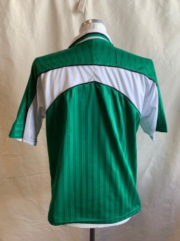 Unisex, Shirt, N/L, Kelly Green, White, Polyester, Color Blocking, Stripes - Shadow, Ch 46", 42, Dolman Short Sleeves, White Rounded Chest Panel with Black Piping, Ribbed Knit White with Black and Green Stripe Collar Attached, Placket with No Buttons, Soccer, Team Jersey, Multiple