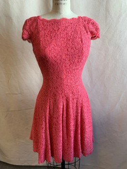 Womens, Dress, Short Sleeve, ADRIANNA PAPELL, Pink, Viscose, Nylon, Floral, Solid, B34, 6, W26, Square Neck, Cap Sleeves, Frayed Sleeves and Hem, Zip Back