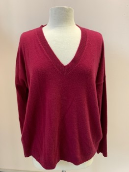 Womens, Pullover, J CREW, Red Burgundy, Cashmere, Solid, S, L/S, V-N, Oversized