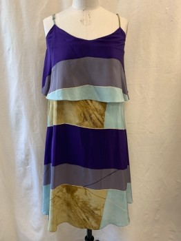 Womens, Dress, Sleeveless, TRACY REESE, Purple, Gray, Mint Green, Lt Brown, Dusty Yellow, Polyester, Stripes - Diagonal , S, V-neck, Over Layer Over Bust, Adjustable Straps, Knee Length