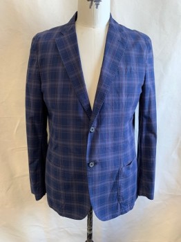 Mens, Sportcoat/Blazer, MAX DAVOLI, Navy Blue, Gray, Plum Purple, Sage Green, Poly/Cotton, Plaid, 46R, Notched Lapel, Single Breasted, Button Front, 2 Buttons, 3 Pockets