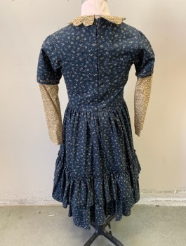 Childrens, Dress 1890s-1910s, BETHANY JOY MTO, Navy Blue, Cream, Brick Red, Cotton, Calico , Floral, W:25, C:25, L/S, Contrasting Cream Patterned Sleeves and Scallopped Collar Attached, 4 Gold Flower Shaped Buttons at Front, 2 Rows of Ruffles at Hem,