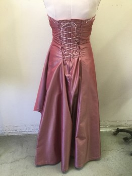 Womens, Evening Gown, N/L, Dusty Rose Pink, Polyester, Beaded, Solid, W28, B36, Strapless Boned Bodice, Zip Back, Lacing/Ties Back for Adjusting Between at 32 and a 38 Bust, Pleated Sweetheart Bust with Sequins and Beads, Skirt Swept Up to Left Side with Swag