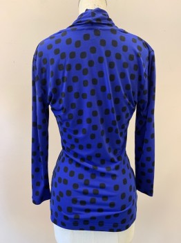 VINCE CAMUTO, Blue, Black, Polyester, Spandex, Polka Dots, L/S, Pleated, Crossover, V Neck, Shawl Collar,
