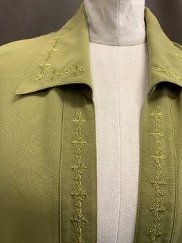 Womens, Casual Jacket, EMARK, Pea Green, Polyester, Viscose, XL, C.A., Open Front, L/S, Padded Shoulders, Cuffed, Floral Embroidery & Rhinestones On Collar/Placket/Cuffs, Split Hem