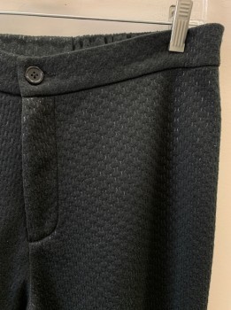 NL, Black, Synthetic, Solid, Textured Fabric, Zip Fly, Elastic Waistband, Black Parentheses Shapes