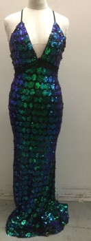 Womens, Evening Gown, Iridescent Blue, Iridescent Green, Black, Sequins, Elastane, Abstract , 28, 37, 37, Plunging V-neck, Back Zipper, Empire Waist with Lace Trim, Criss Cross Adjustable Straps, Full Length Gown Flared Hem