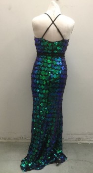 Womens, Evening Gown, Iridescent Blue, Iridescent Green, Black, Sequins, Elastane, Abstract , 28, 37, 37, Plunging V-neck, Back Zipper, Empire Waist with Lace Trim, Criss Cross Adjustable Straps, Full Length Gown Flared Hem
