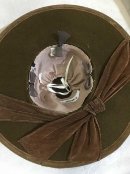 N/L, Olive Green, Brown, Gold, Orange, Cream, Wool, Feathers, Solid, HAT:  Olive Felt W/shimmer Brown Ribbon Pleat & Bow Around Crown  and Orange,brown,cream Feather Detail Work Piece On Brim, Brown Bow Detail Inside Hat,