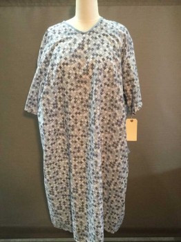 Unisex, Patient Gown, MEDLINE, Gray, Slate Blue, White, Cotton, Novelty Pattern, Check , O/S, Short Sleeve,  Lt Blue Twill Tape On Collar, Multi-tie Back