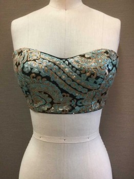 FOREVER 21, Sea Foam Green, Gold, Black, Sequins, Spandex, Abstract , Bandeau Bra Top, Sweetheart Neck, Zip Back, Abstract Sequin Front, Black Back, Smocked Panel Back