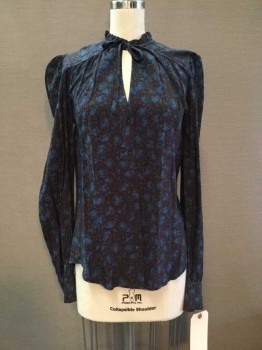 Hinge, Dk Brown, Navy Blue, Royal Blue, Graphite Gray, Cotton, Synthetic, Abstract , Button Front, Self Tie V-neck, Ruffle Neck Trim
