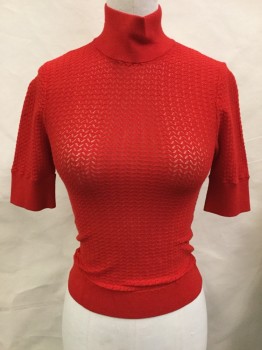 ALICE AND OLIVIA, Red, Cotton, Polyester, Chevron, Pullover, Turtleneck, Short Sleeves, Rib Knit Collar/ Cuffs and Waistband,