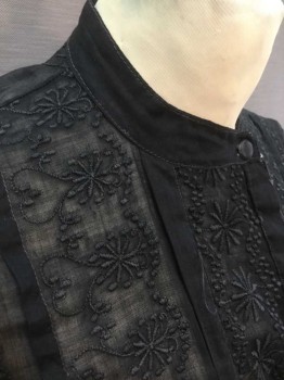 N/L, Black, Floral, Solid, Light Weight Cotton Batiste, Long Sleeve Button Front, Band Collar, Self Floral Embroidery, Vertical Pleats At Front, Pintuck Stripes In Back, and At Cuffs, Made To Order   *Holes/Mends At Shoulder,