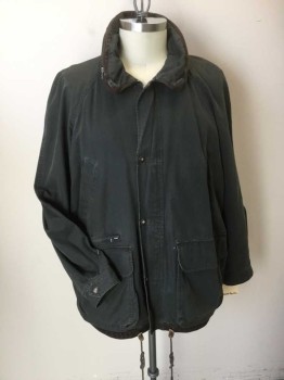 Mens, Casual Jacket, BANANA REPUBLIC, Olive Green, Dk Brown, Cotton, Leather, Solid, XL, Olive, Collar Attached W/dark Brown Leather Trim & Zipper, Zip Front, & Brass Snap Front, Dark Brown Leather Trim D-string  Hem, 4 Pockets, Long Sleeves,