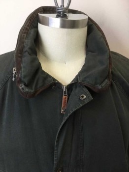 Mens, Casual Jacket, BANANA REPUBLIC, Olive Green, Dk Brown, Cotton, Leather, Solid, XL, Olive, Collar Attached W/dark Brown Leather Trim & Zipper, Zip Front, & Brass Snap Front, Dark Brown Leather Trim D-string  Hem, 4 Pockets, Long Sleeves,