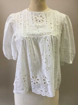 ZARA, White, Cotton, Solid, Floral, White, Eyelet Detail, Crew Neck, Short Sleeves with Pleats, Lace Bib Front Detail,