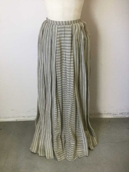 MTO JANE LAW, Lt Brown, Beige, Charcoal Gray, Cotton, Stripes - Vertical , Stripes - Pin, Dusty Brown and Beige Stripes with Faint Charcoal Pin Stripe, 3/4" Wide Self Waistband with Large Pleated Gathers, Center Panel is Horizontal Stripes, Hook&Eye Closures, Floor Length Hem, Made To Order Reproduction, Double,