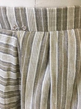 Womens, Historical Fiction Skirt, MTO JANE LAW, Lt Brown, Beige, Charcoal Gray, Cotton, Stripes - Vertical , Stripes - Pin, W:25, Dusty Brown and Beige Stripes with Faint Charcoal Pin Stripe, 3/4" Wide Self Waistband with Large Pleated Gathers, Center Panel is Horizontal Stripes, Hook&Eye Closures, Floor Length Hem, Made To Order Reproduction, Double,