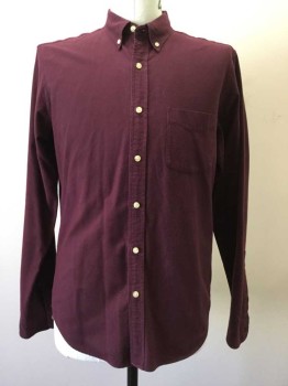 J CREW, Maroon Red, Cotton, Solid, Button Front, Collar Attached, Button Down Collar, Long Sleeves, 1 Pocket