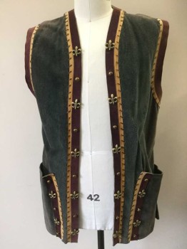N/L, Gray, Plum Purple, Tan Brown, Brown, Leather, Solid, Gray Suede, with Plum and Tan Edges/Accents, Brown Thong Cord Stitching at Edges, Open at Center Front, with Decorative Gold Buttons and Gold Fleur De Lis Charms, 2 Large Patch Pockets at Hips, Vented/Slits at Hem, Made To Order  **Faded at Shoulders