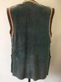 N/L, Gray, Plum Purple, Tan Brown, Brown, Leather, Solid, Gray Suede, with Plum and Tan Edges/Accents, Brown Thong Cord Stitching at Edges, Open at Center Front, with Decorative Gold Buttons and Gold Fleur De Lis Charms, 2 Large Patch Pockets at Hips, Vented/Slits at Hem, Made To Order  **Faded at Shoulders