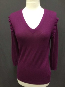 BURBERRY, Purple, Cashmere, Silk, Solid, Knit, 3/4 Sleeve, V-neck, Ruffles at Armscye Seam, Pullover