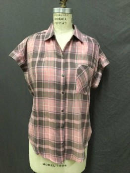 Womens, Blouse, WILLIAM RAST, Brown, Lt Brown, Salmon Pink, Aqua Blue, Beige, Cotton, Viscose, Plaid, O/S, Brown, Light Brown, Salmon, Aqua and Beige Plaid, Collar Attached, Button Front, 1 Pocket, Cut-off Sleeves