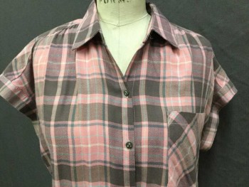 Womens, Blouse, WILLIAM RAST, Brown, Lt Brown, Salmon Pink, Aqua Blue, Beige, Cotton, Viscose, Plaid, O/S, Brown, Light Brown, Salmon, Aqua and Beige Plaid, Collar Attached, Button Front, 1 Pocket, Cut-off Sleeves