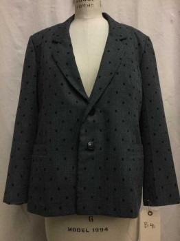 Womens, Blazer, NL, Heather Gray, Black, Wool, Synthetic, Geometric, B 40, Heather Gray, Black Square Print, Notched Lapel, 2 Square Buttons,  3 Pockets, Shoulder Pads
