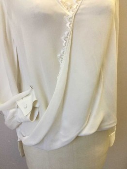 L/AGENCE, Off White, Silk, Solid, Off White, V-neck Fold Over Front Work W/lace Trim, Yoke Back, Long Sleeves, Uneven Hem